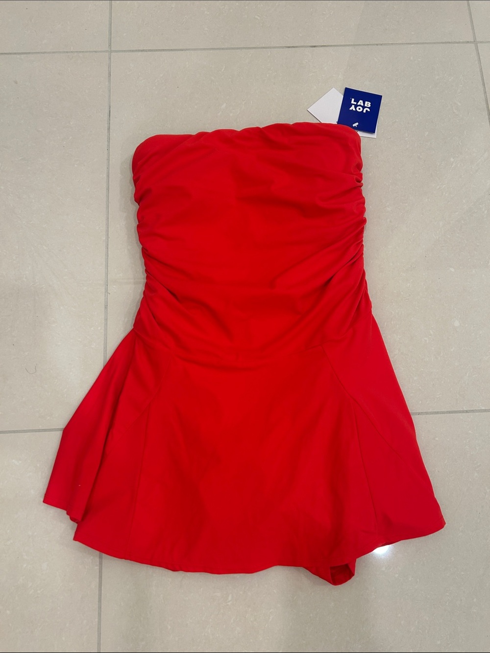 JoyLab Strapless Red Ruched Fit-and-Flare Dress